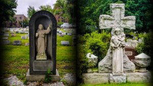 Two photos of a cemetery with statues and crosses.